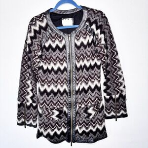 Mike Gonzalez Zig‎ Zag Wool Blend Zip Front Cardigan Jacket Leather Trim Size M